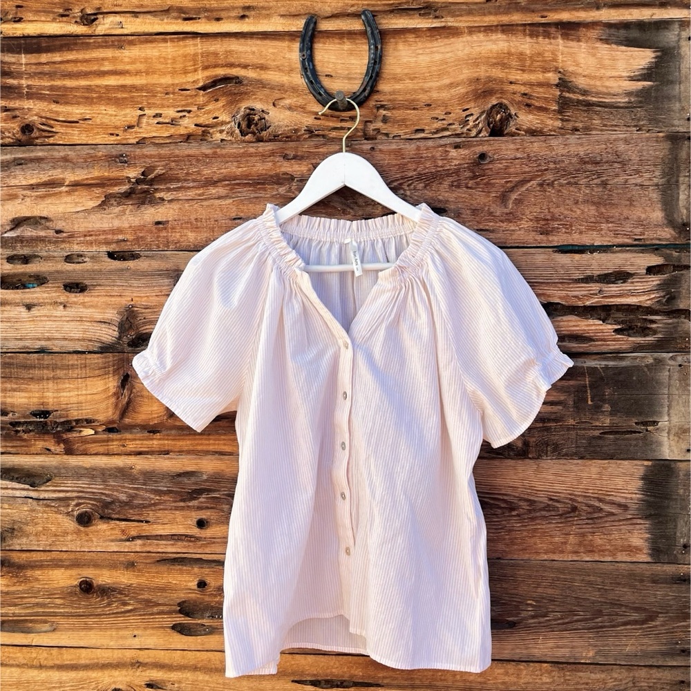 BON AMI | Stripe Tan Cream White Puff Sleeve Blouse M